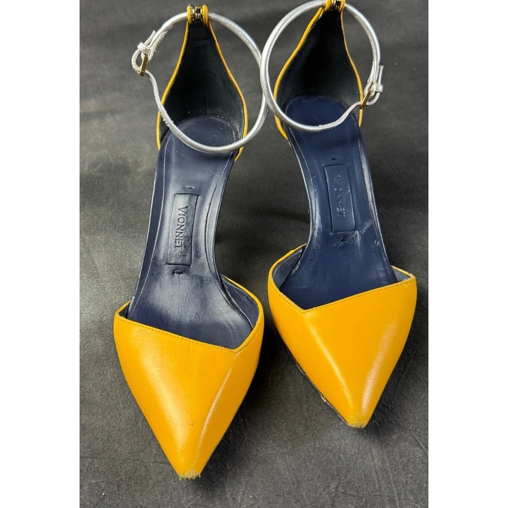 Vionnet Heels Yellow Leather Woven Raffia Pointed Toe Silver Pumps 37 US 6.5